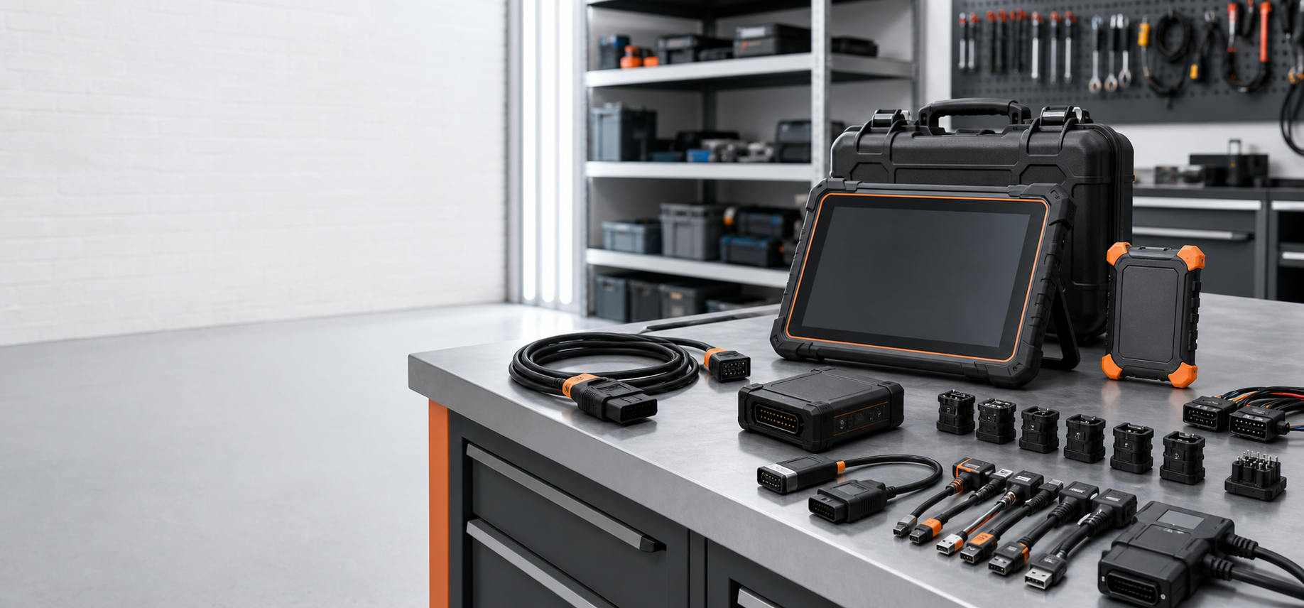 Automotive diagnostic tablet, cables and adapters on a workshop bench